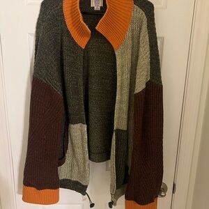 BDG Colorblock Open Cardigan in Olive, Brown & Orange Trim